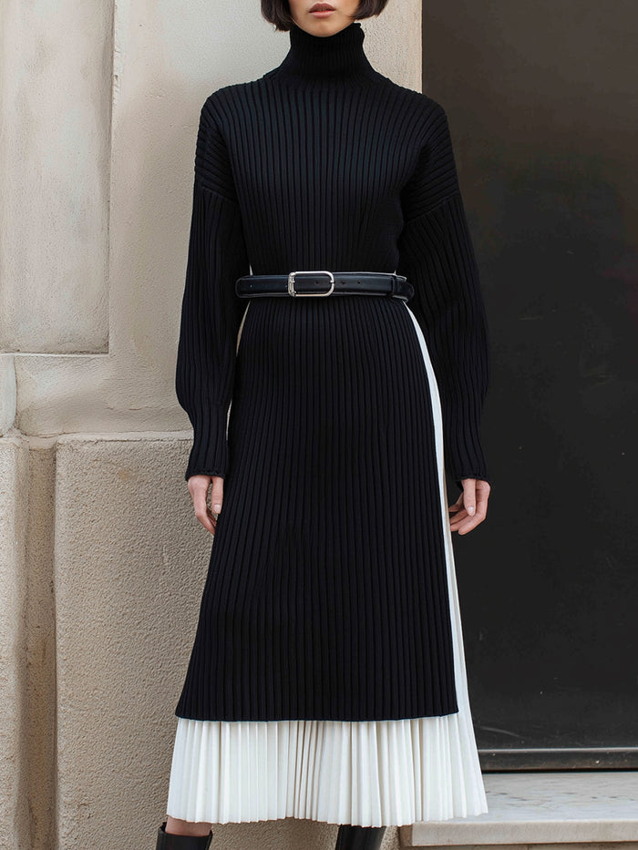 Black Ribbed Knit Dress With White Pleated Skirt Set