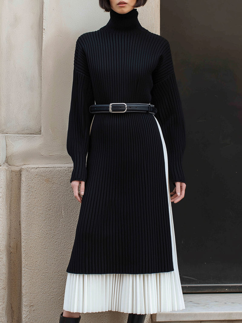 Black Ribbed Knit Dress With White Pleated Skirt Set