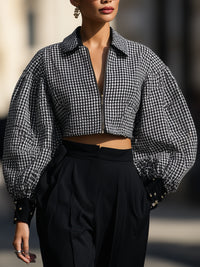 Houndstooth Cropped Jacket With Voluminous Sleeves