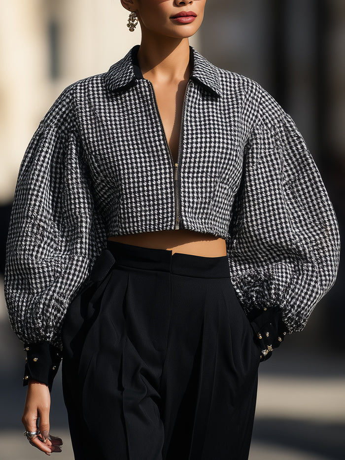 Houndstooth Cropped Jacket With Voluminous Sleeves