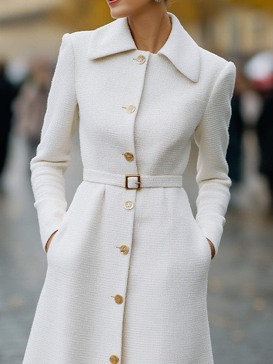 Timeless Grace Belted Ivory Coat Dress