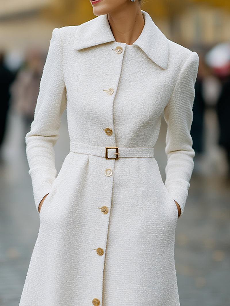 Timeless Grace Belted Ivory Coat Dress