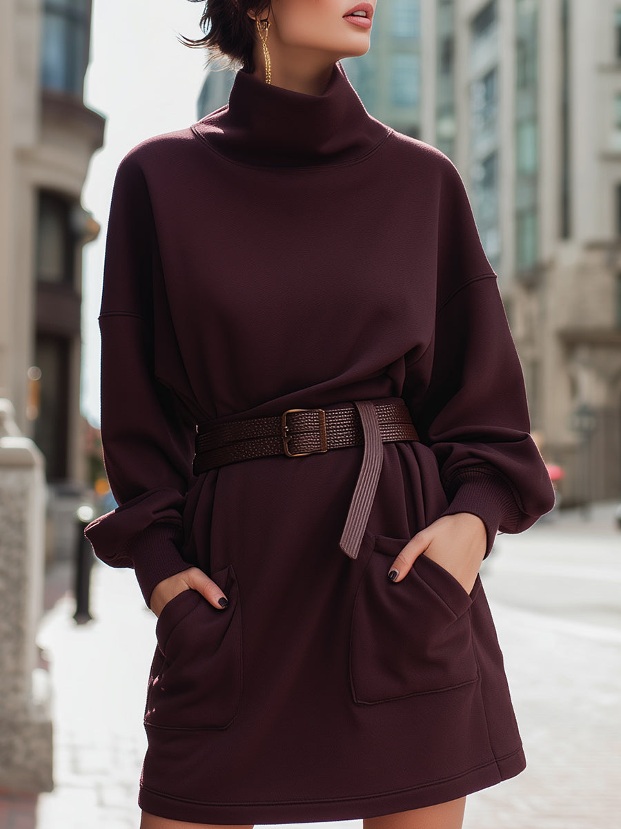 Burgundy Turtleneck Belted Sweatshirt Dress