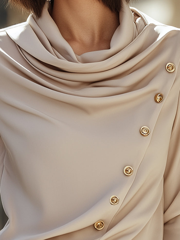 Champagne Asymmetric Draped Blouse With Gold Buttons
