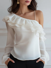 One-Shoulder Ruffled Chiffon Blouse With Sheer Sleeve