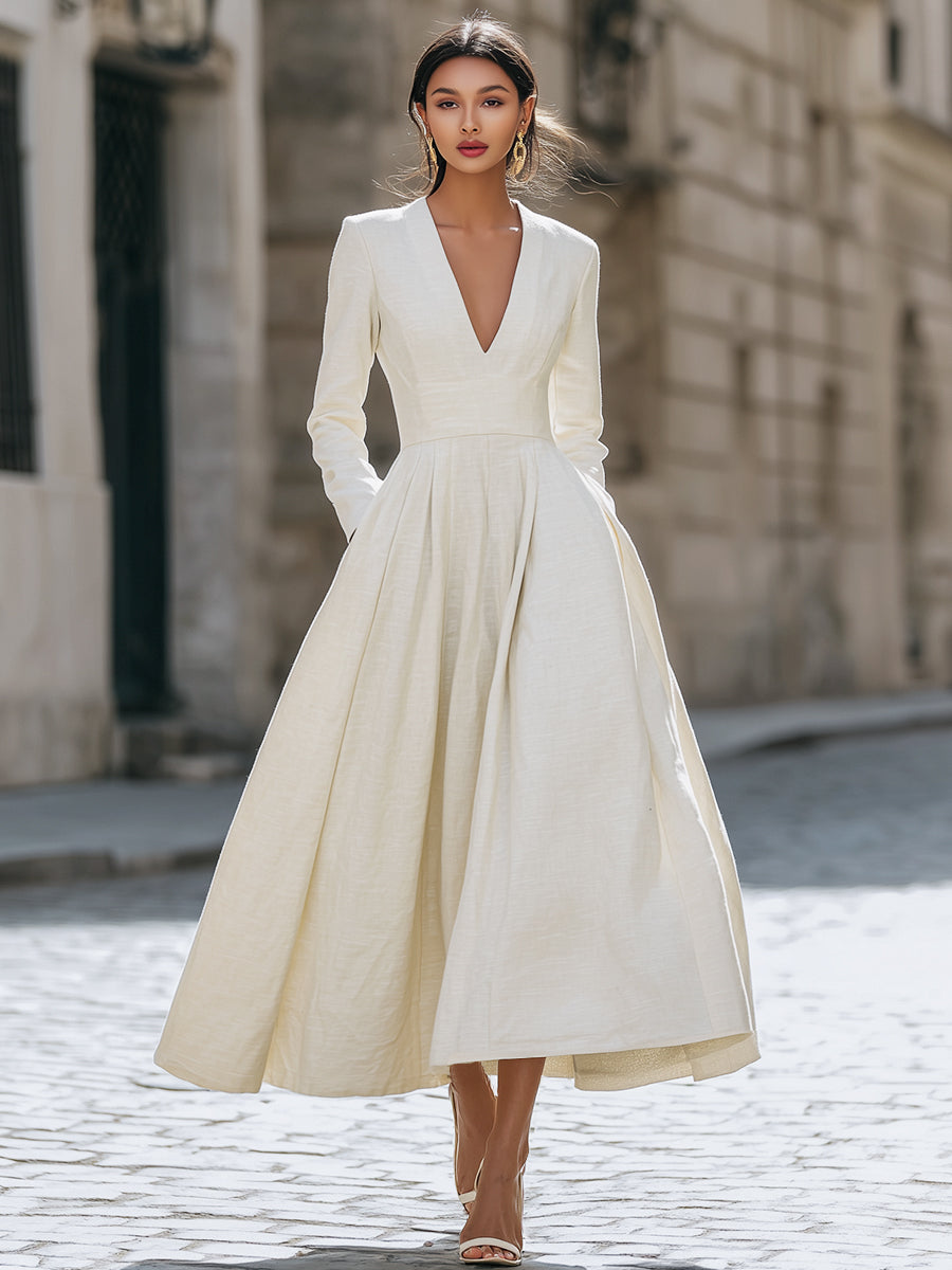 Ivory Deep V-Neck Long Sleeve A-Line Maxi Dress