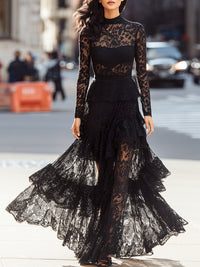 Black Lace Maxi Dress With Ruffled Skirt And Sheer Sleeves