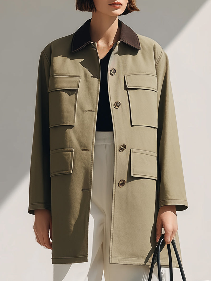 Khaki Utility Jacket With Contrast Collar