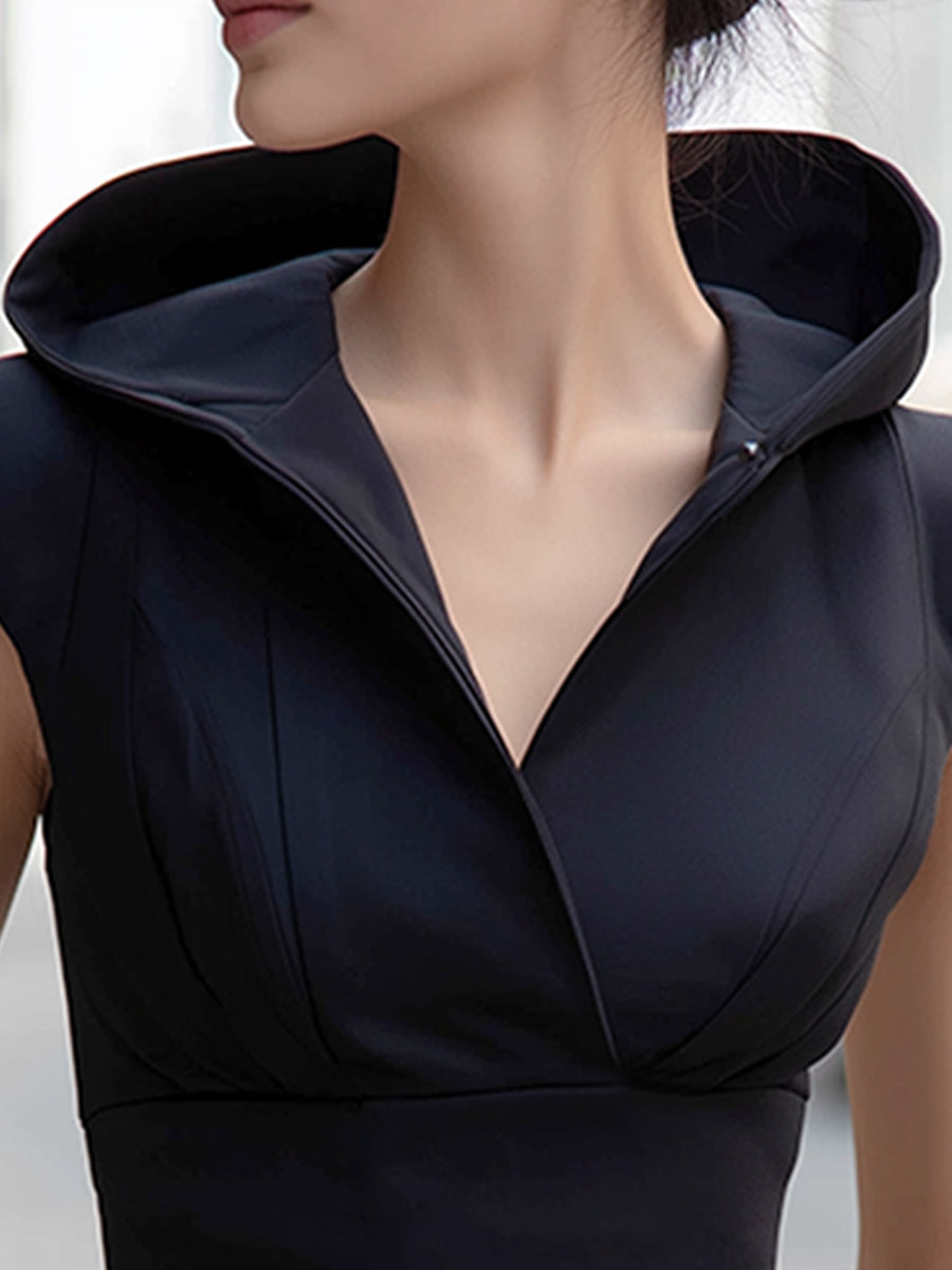 Sleeveless Hooded Wrap-Bodice Midi Dress