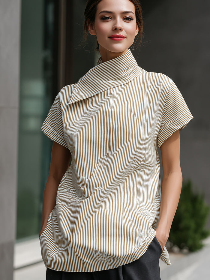 Asymmetric High-Neck Pinstripe Short-Sleeve Top