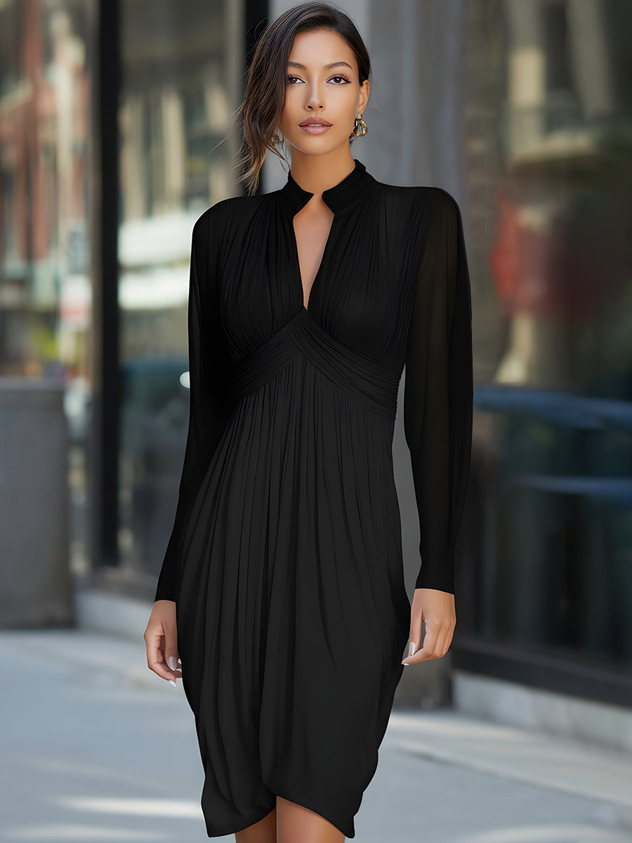 Elegant Pleated V-Neck Long Sleeve Midi Dress