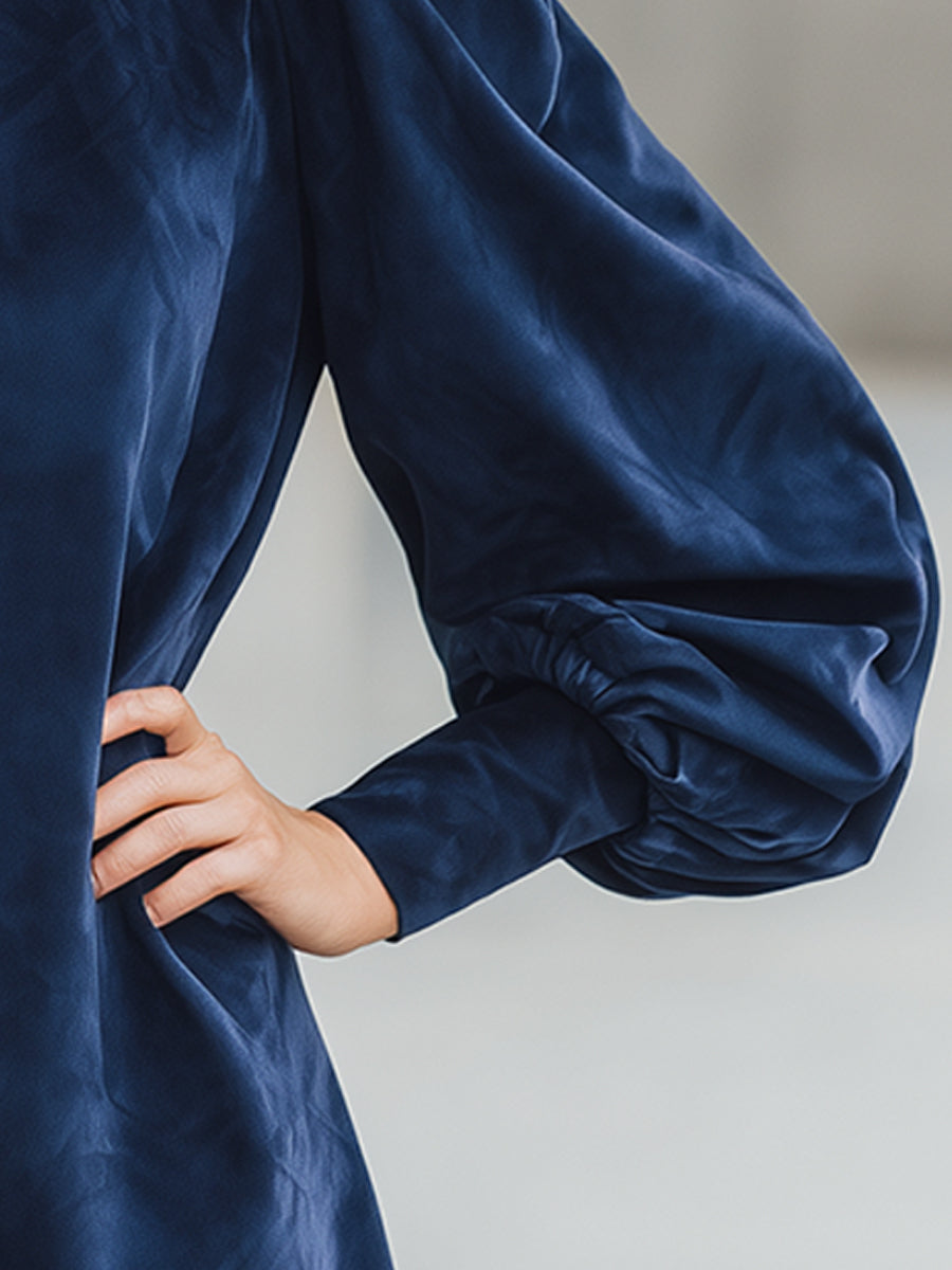 Navy Velvet Puff Sleeve Dress