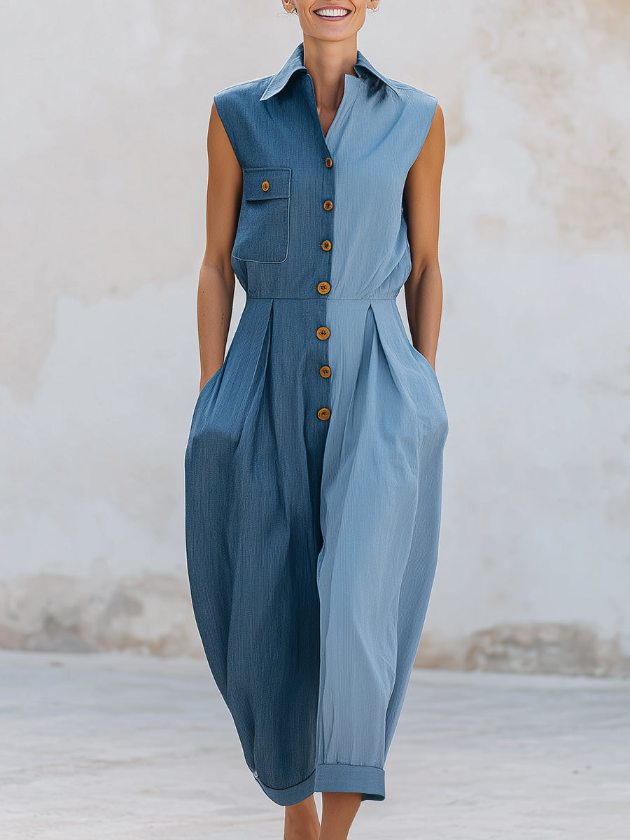 Two-Tone Sleeveless Button-Front Wide-Leg Jumpsuit