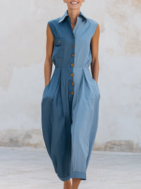 Two-Tone Sleeveless Button-Front Wide-Leg Jumpsuit