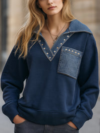 Denim-Trimmed V-Neck Pullover Sweatshirt