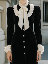Velvet Midi Dress With Ruffled Accents