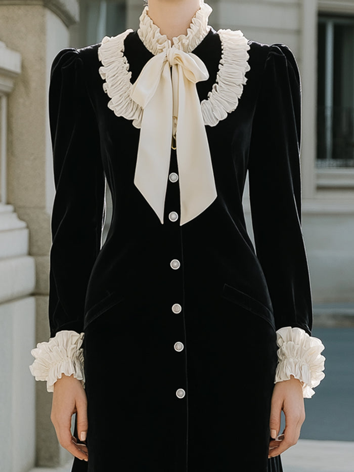 Velvet Midi Dress With Ruffled Accents