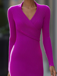 Fuchsia Ribbed Knit Wrap Midi Dress