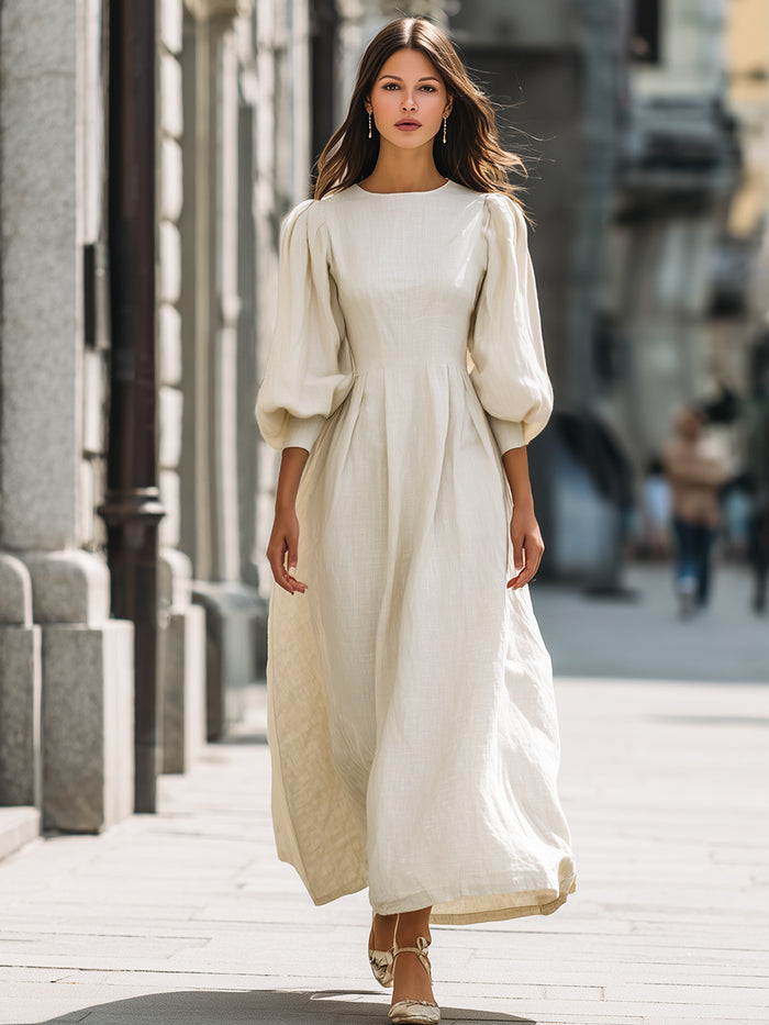 Elegant Linen Puff-Sleeve Maxi Dress