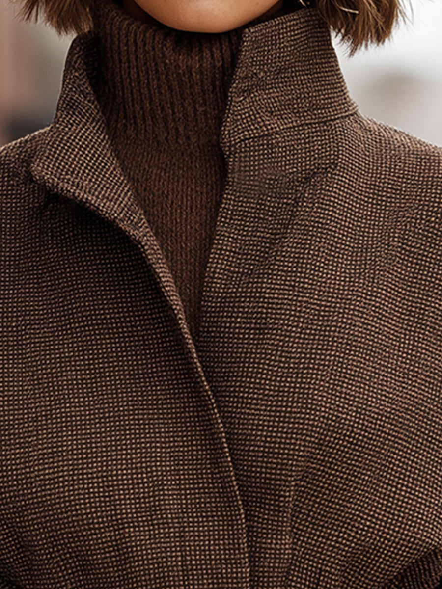 Textured Brown Belted Jacket With High Collar