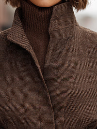 Textured Brown Belted Jacket With High Collar