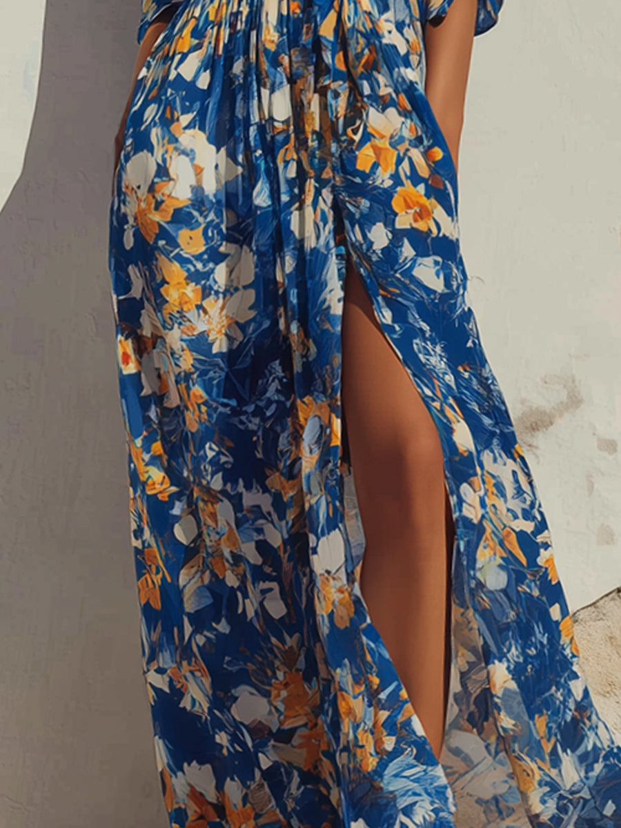 Abstract Floral V-Neck Wrap Tie Maxi Dress