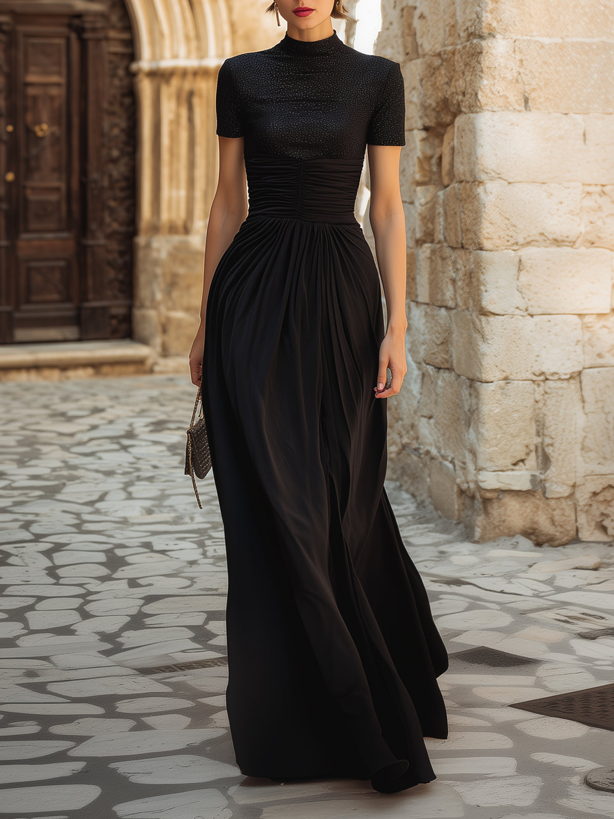High-Neck Ruched Waist Flowing Maxi Dress