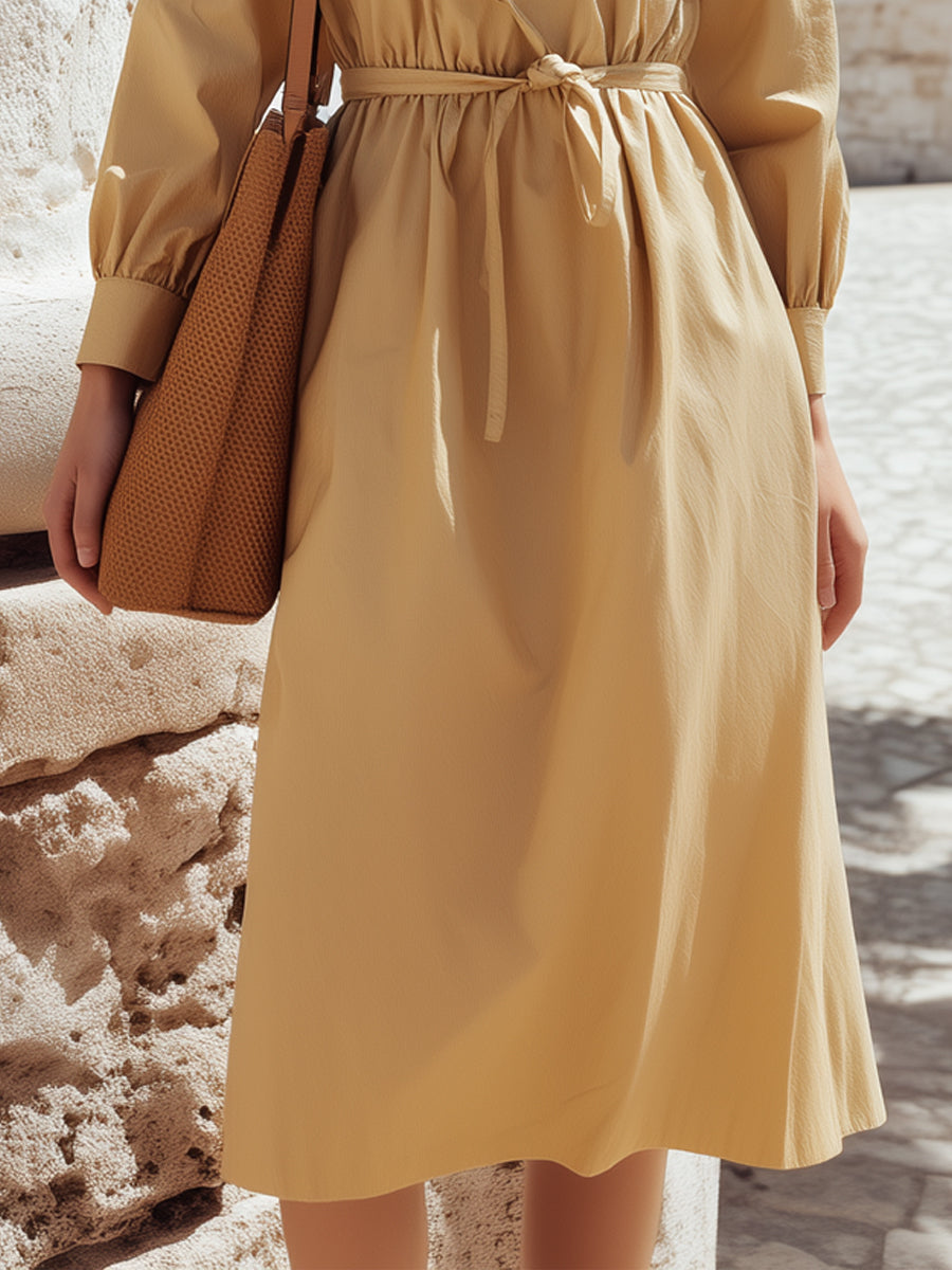 Mandarin-Collar Tie-Waist Midi Dress