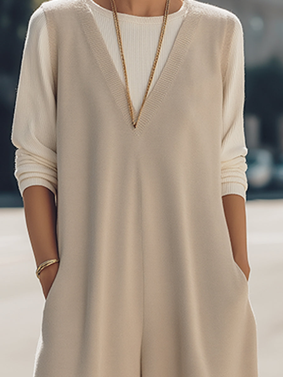 Ivory Wide-Leg Knit Jumpsuit