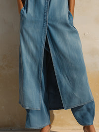 Sleeveless Denim Longline Vest & Wide-Leg Pants Set