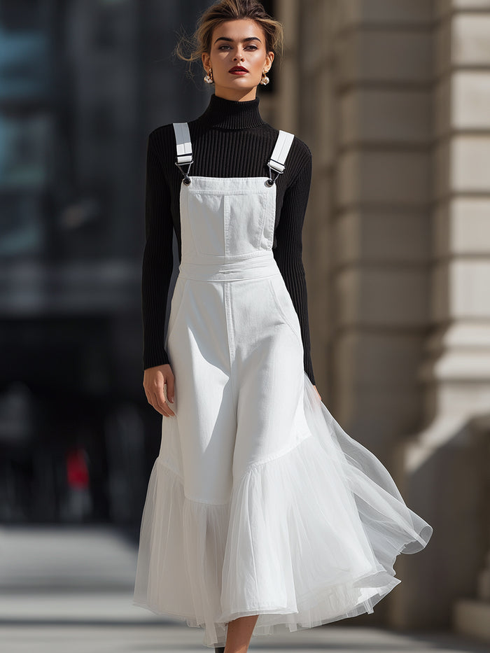 Elegant White Tulle-trimmed Denim Overalls