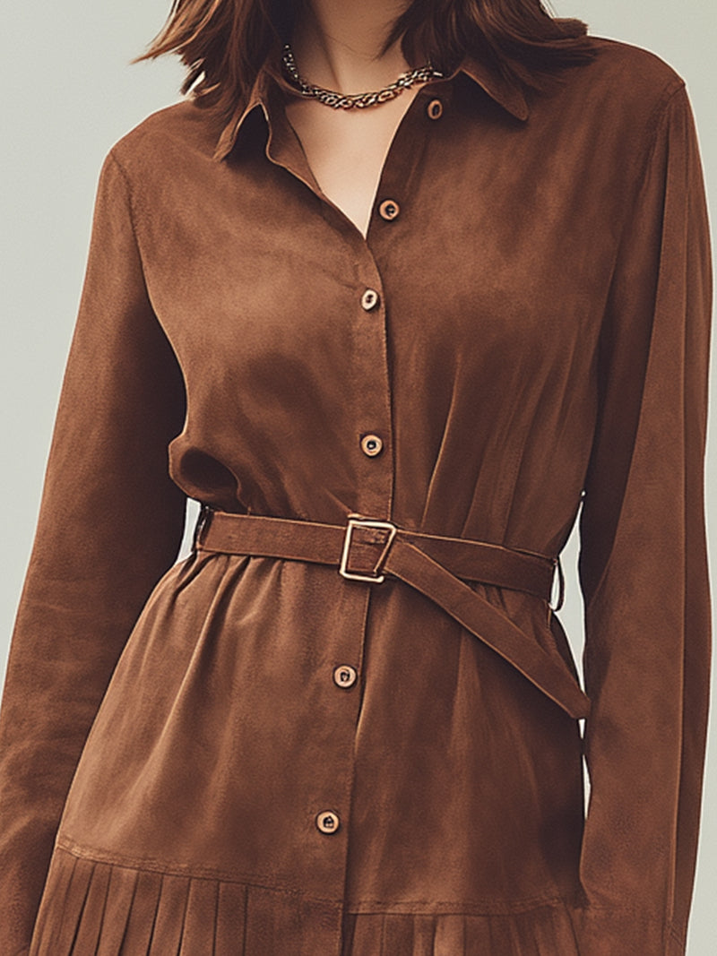Brown Pleated Suede Shirt Dress With Belt