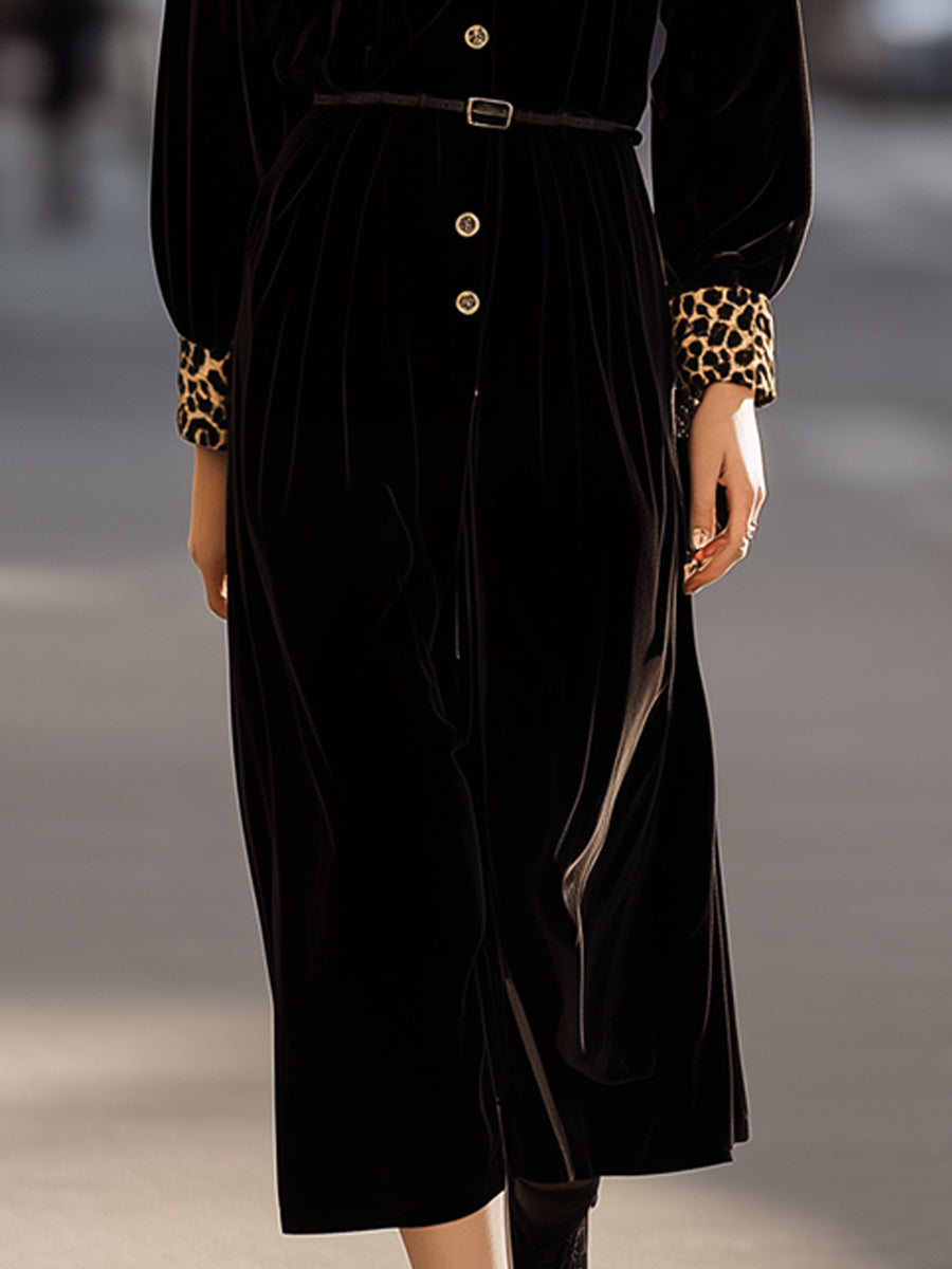 Black Velvet Midi Dress With Leopard Print Collar And Cuffs