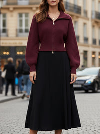 Burgundy Zip-Up Knit Top And Black Midi Skirt Set