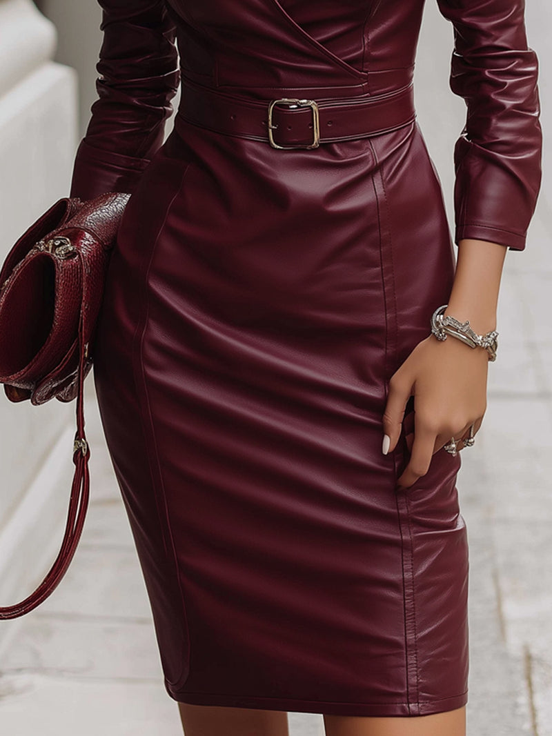V-Neck Faux Leather Belted Wrap Dress