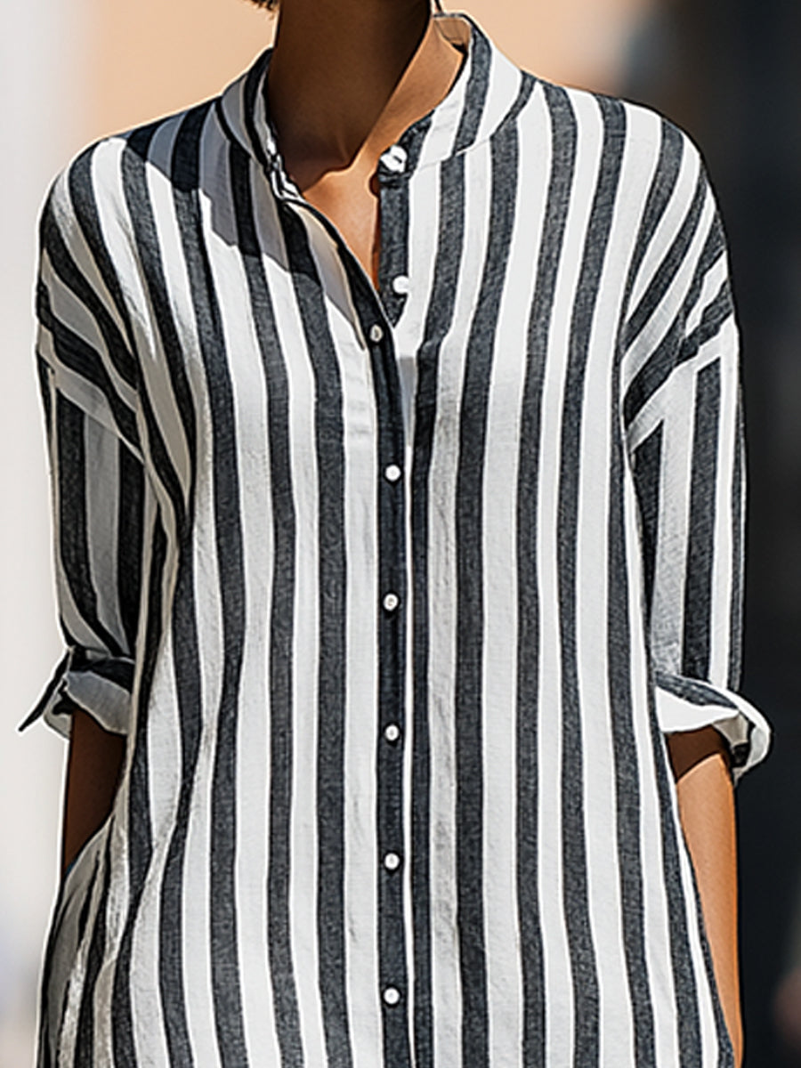 Vertical Stripe Relaxed Button-Front Midi Shirt Dress