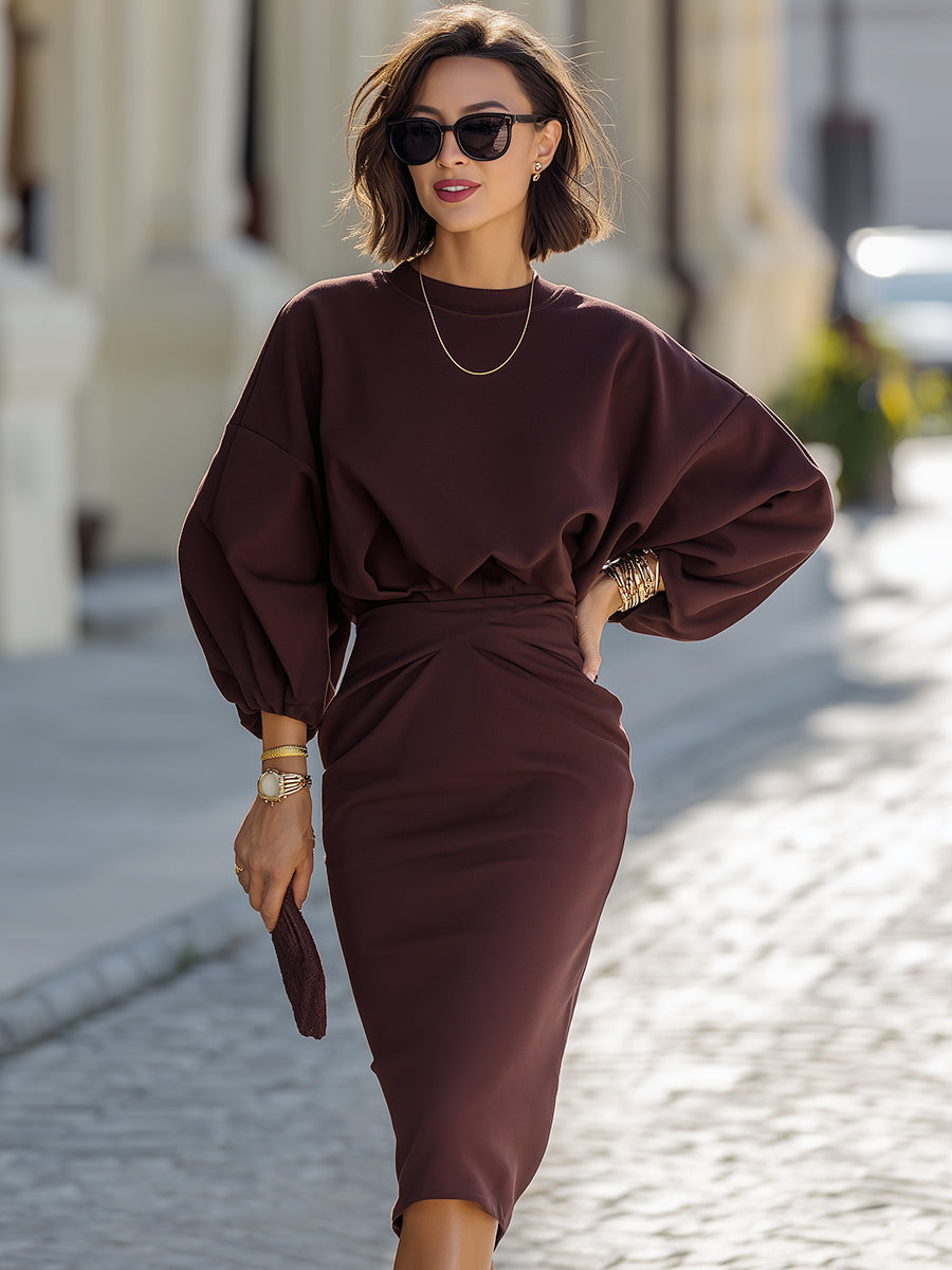 Elegant Burgundy Puff Sleeve Midi Dress
