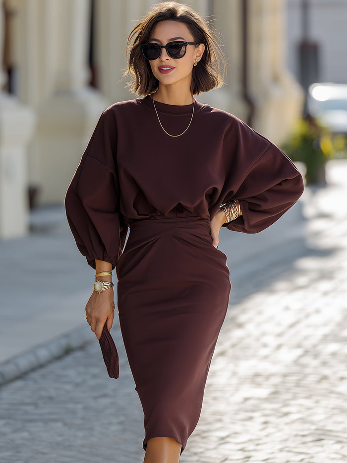 Elegant Burgundy Puff Sleeve Midi Dress