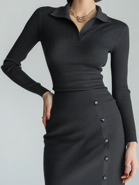 Ribbed Knit Button-Detail Midi Dress