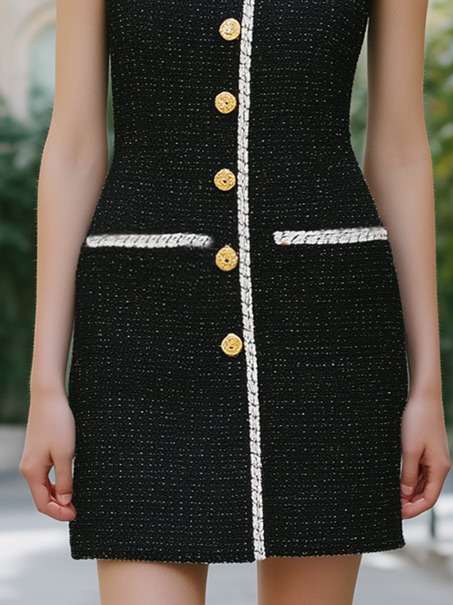 Sleeveless Black Tweed Mini Dress With Contrast Trim And Gold Buttons