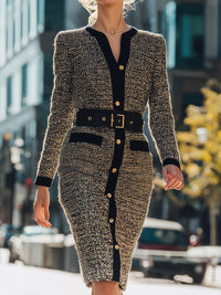 Structured Tweed Buttoned Belted Dress