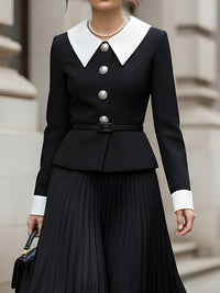 Black And White Pleated Midi Set With Statement Buttons