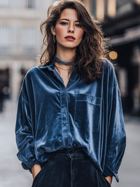 Midnight Blue Velvet Button-Up Shirt