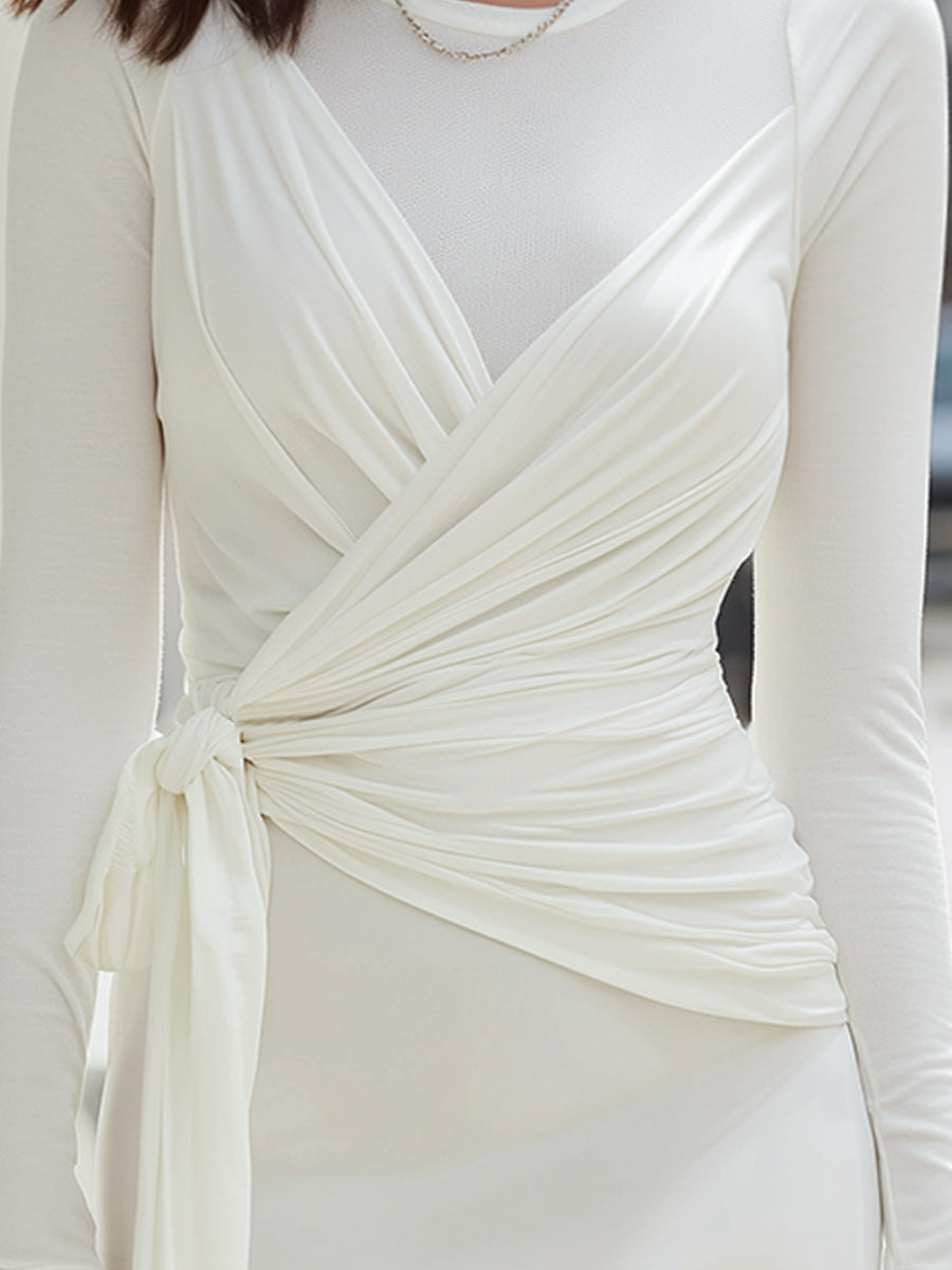 Long-Sleeve Draped Tie-Front Mini Dress