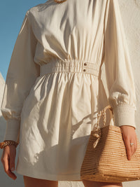 Elastic-Waist Long Sleeve Mini Dress In Soft Ivory