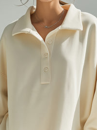 Relaxed Cream Button-Collar Pullover Sweatshirt