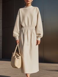 Cream Woven Long-Sleeve Midi Dress With Elasticated Waist