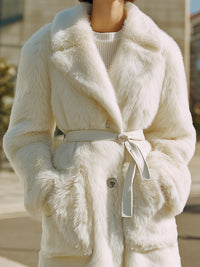Ivory Faux Fur Belted Long Coat