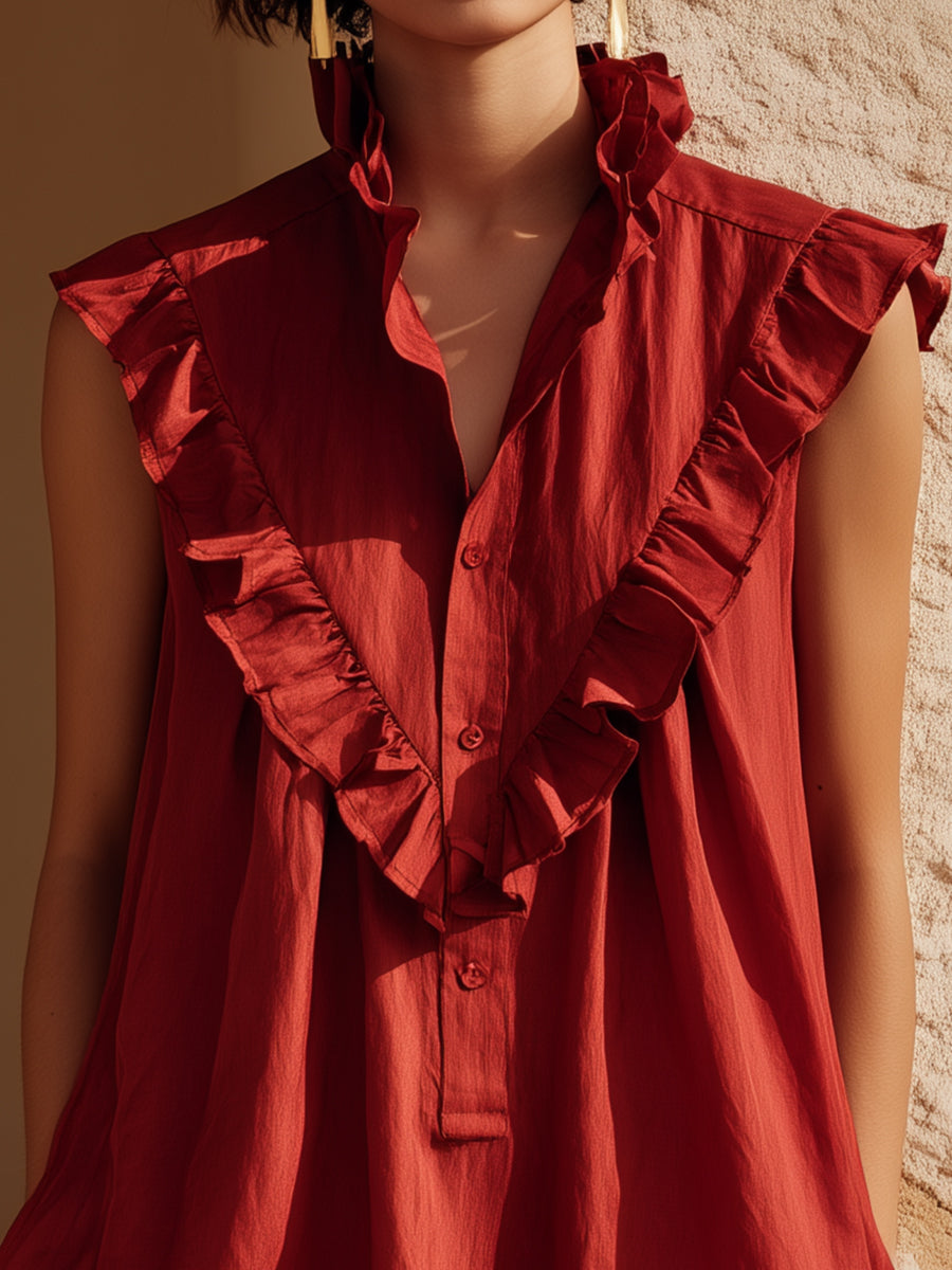 Ruffled Stand Collar Sleeveless Statement Dress