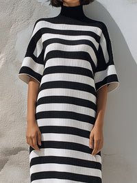 Striped High-Neck Relaxed Knit Midi Dress
